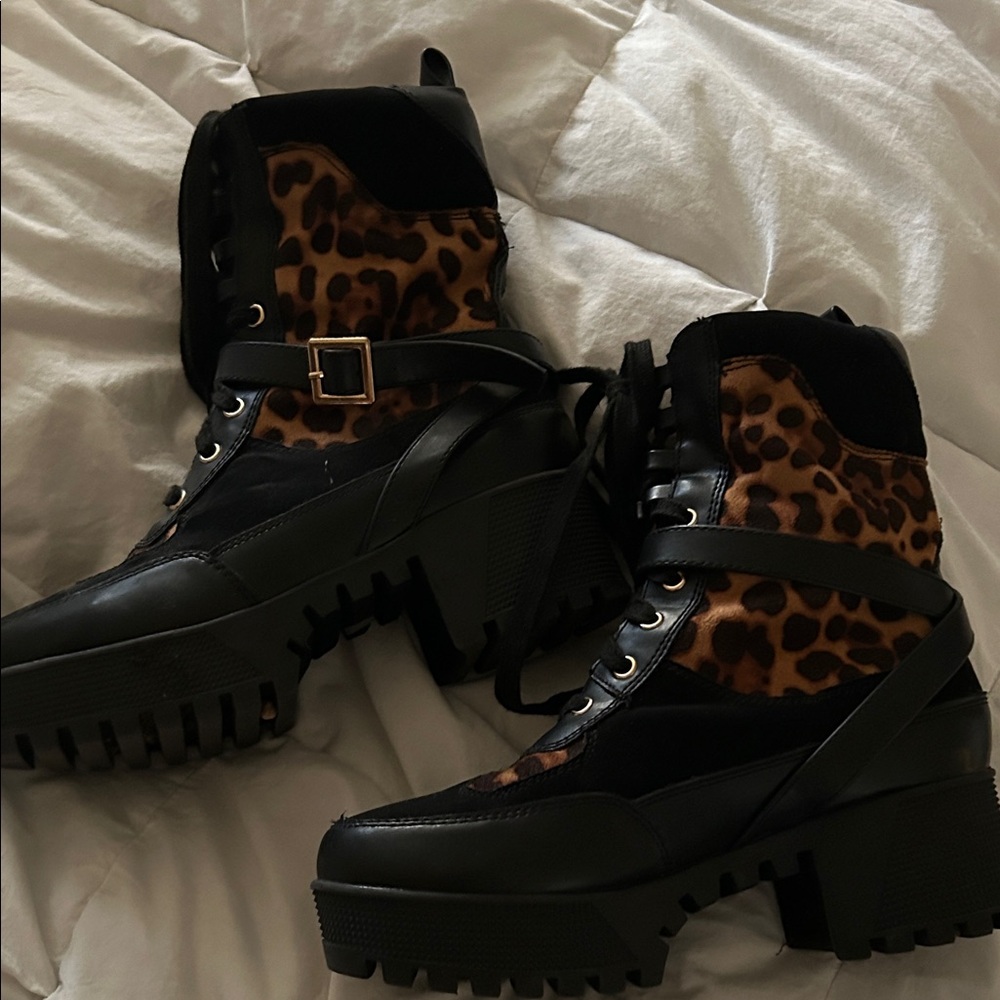 Black and Leopard Women's Lace-Up Platform Boots